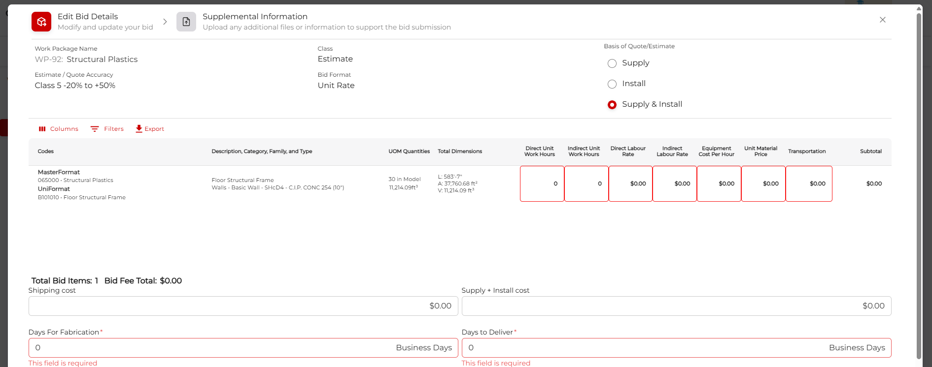 Bid pricing table