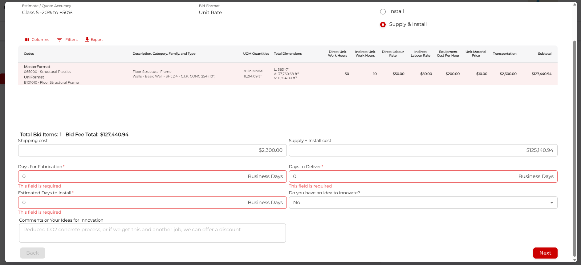 Bid totals and innovation fields