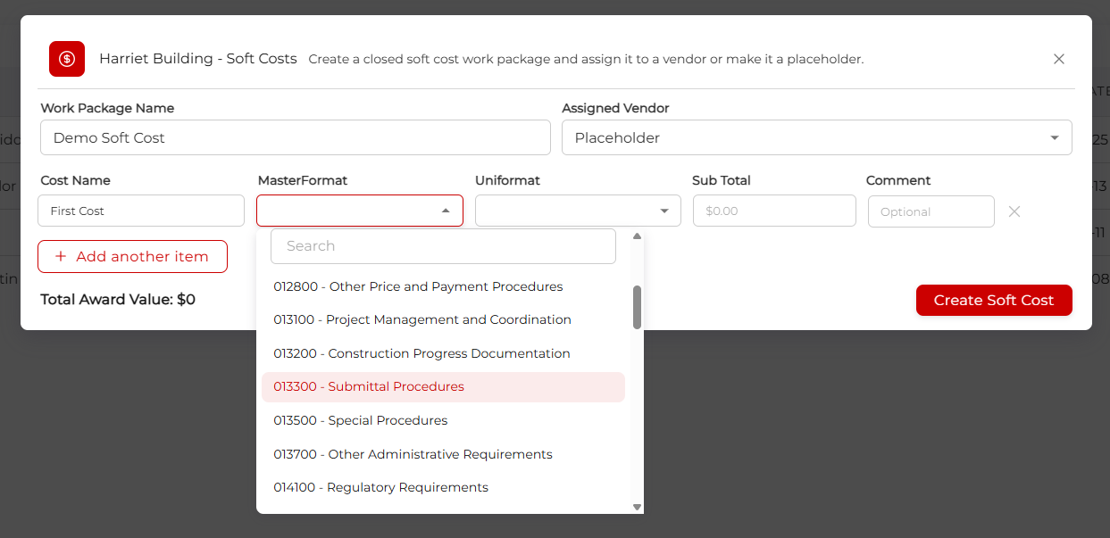 Soft Cost Code Selection