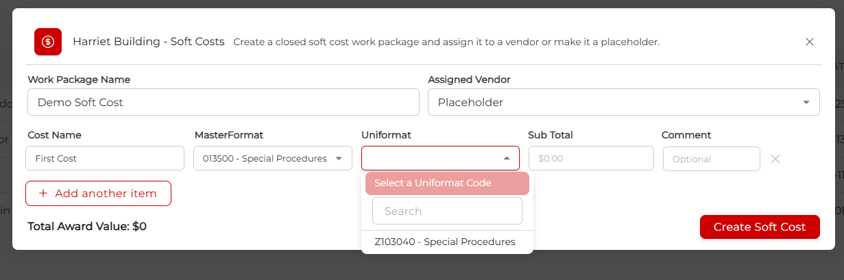 Soft Cost Code Selection